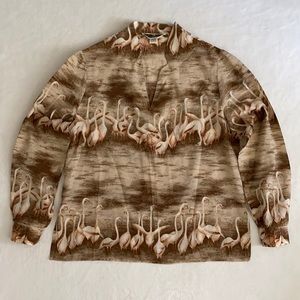 {VTG} Alex Colman Sportswear | Flamingo Print Lightweight LS Blouse Tan/Brown M